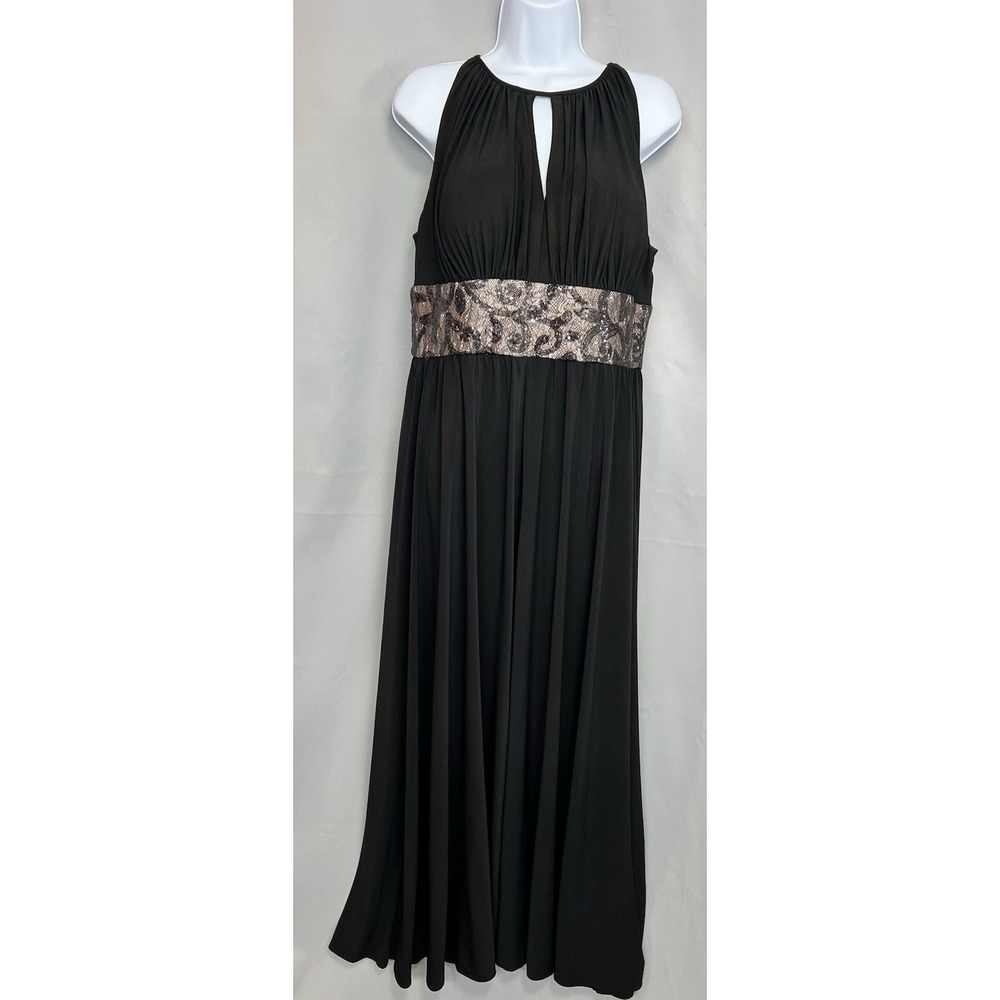 R&M Richards Formal Dress Black Sequined Waist Peephole Slit Sz 16 Prom